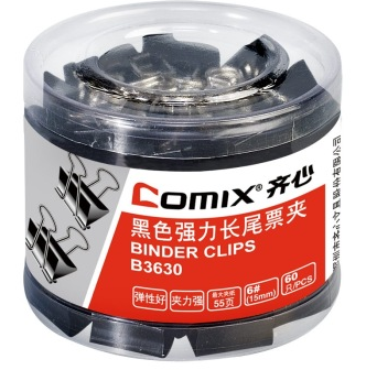 齐心（COMIX）B3630 桶装长尾票夹 15mm 60只/桶 黑色