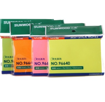 三木（SUNWOOD)96640荧光QQ贴/便签纸/百事贴/便条本/便利贴76×102mm 荧光粉红/橙/黄/绿